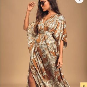 Lulus Take A Holiday Tan Tropical Print Maxi Dress